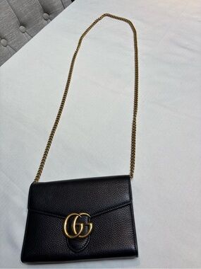Gucci Black Leather Crossbody wallet on chain with Gold GG Chain
